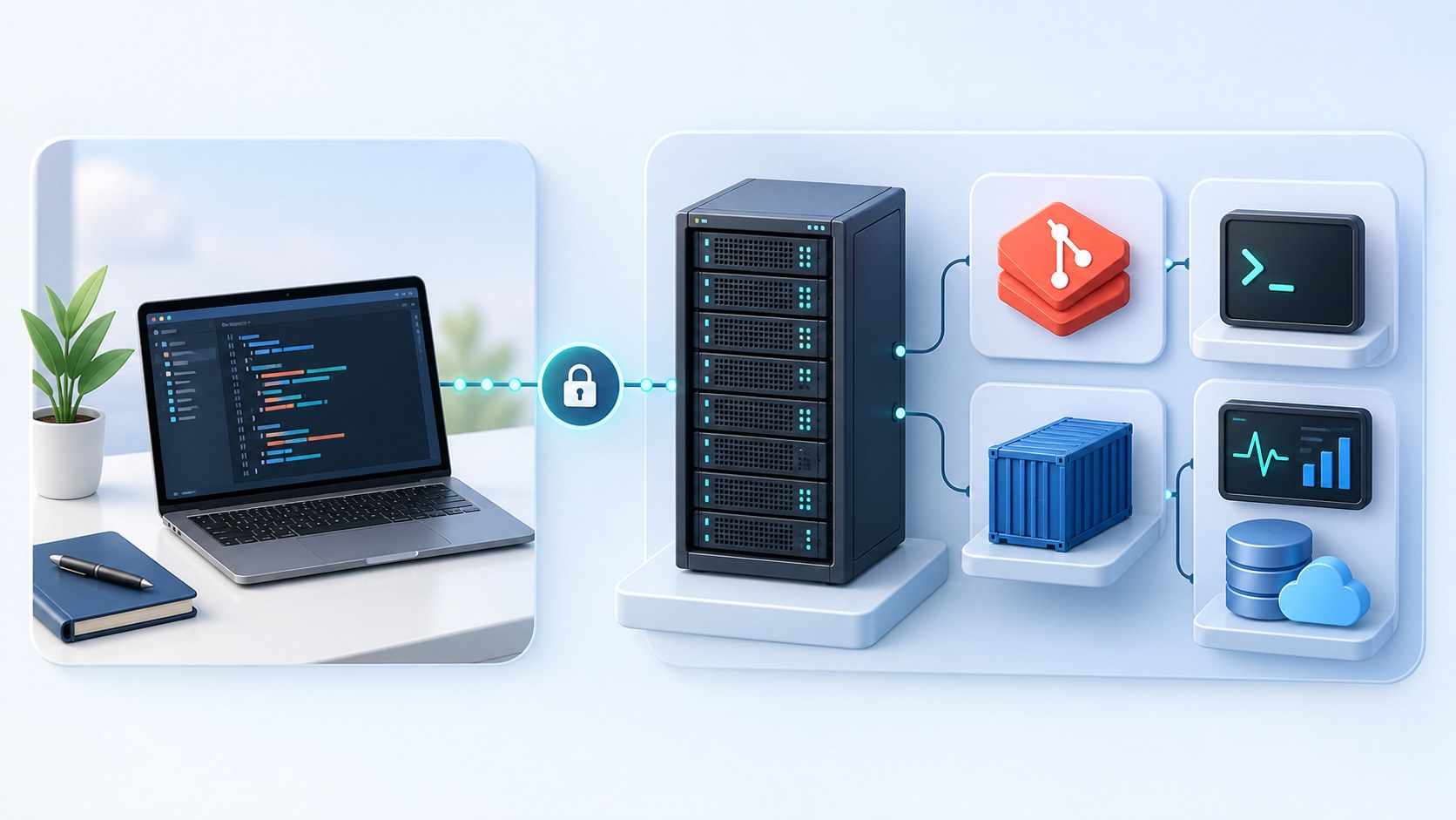 Ноутбук соединен с Linux-сервером, контейнером, мониторингом и резервной копией